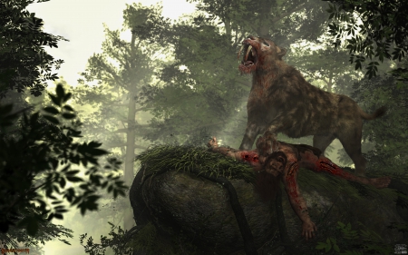 Sabertooth - fantasy, man, sabertooth, neanderthal, stoneage, scene, sabretooth, smilodon, predator, ancient, cat, forest, big, prey, hunt, hunter, prehistoric