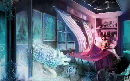 when a dream becomes true - wolf, girl, cat, anime, dream