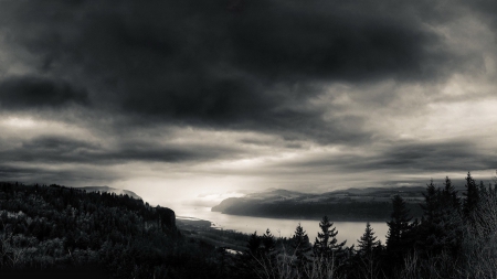 dark clouds - nature, sky, dark, clouds, river