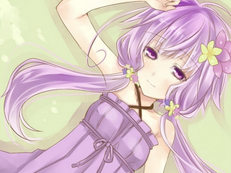 gentle yukari - pretty girl, purple hair, yukari yuzuki, purple eyes, flower, vocaloid 3, cute girl