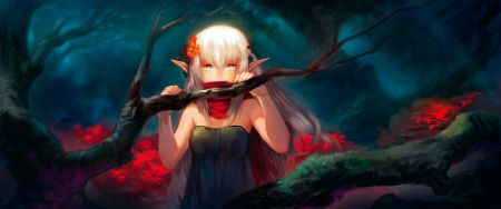 Sweet Elf in the Forest - pretty, roses, anime, dress, night, forest, long hair, dark, flowers, red, trees, beautiful, girl, beauty, lovely, sweet, elf, black, white, cute