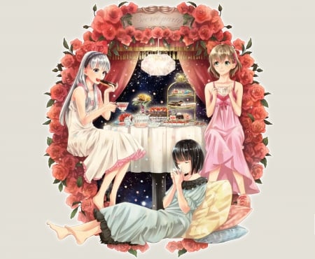 Secret Party - nice, female, hot, sundress, anime girl, pretty, tasty, anime, party, food, team, cute, sexy, yummy, girl, long hair, tea, hungry, gown, lovely, selicious, taste, eat, floral, eating, sweet, group, dress, flower