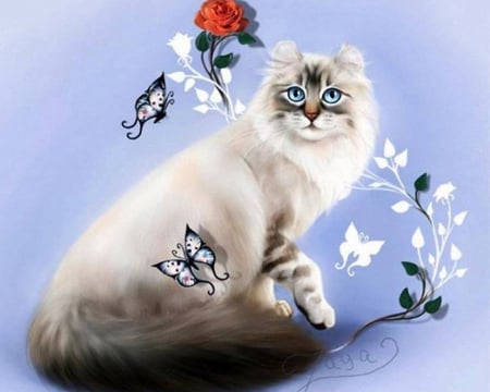 Cat for Triangiel - butterflies, rose, beautiful, cat, painting, eyes