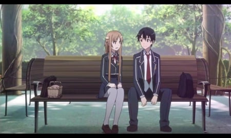 Kazuto ♡ Asuna - pretty, female, scenery, scene, happy, yuuki, sword art online, bench, sao, asuna, hot, kazuto kirigaya, yuuki asuna, love, cute, sexy, anime, kawaii, kazuto, talking, guy, bag, long hair, chat, boy, male, short hair, kirigaya, talk, kirito, kirigaya kazuto, anime girl, girl, scenic, lovely, brown hair, sweet, black, handsome, black hair, asuna yuuki, lover, couple