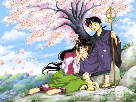 Miroku ♡ Sango - female, scenery, romantic, scene, romance, sango, cherry blossom, hot, beauty, love, sakura blossom, flower, petals, kirara, cute, floral, sexy, anime, guy, long hair, male, short hair, miroku, sky, inuyasha, anime girl, sakura, beautiful, girl, scenic, lovely, sweet, tree, handsome, black hair, cloud, lover, couple