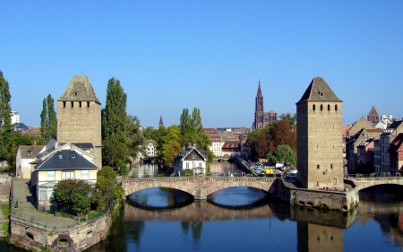 Beautiful village france - hd, nature, village, france, river, medieval, bridge