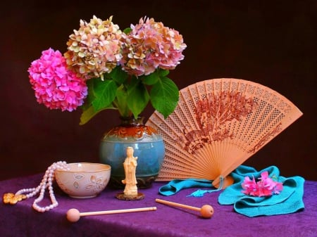 Still life - fan, flowers, pearl, vase, still life