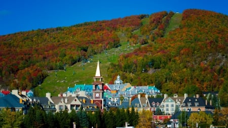 City - houses, photo, city, trees, church, mountagne, blue