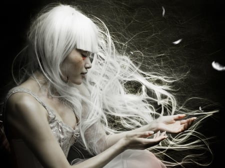 White hair - woman, wind, white hair, artistic