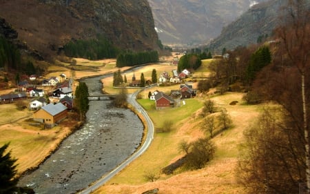 Beautiful Village - trees, rivers, beautiful, norway, architecture, village, forests, nature, mountains, houses