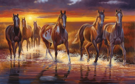 Horses at Sunset - sky, sun, artwork, colors, herd