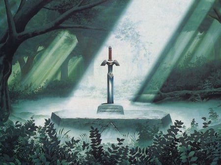 the legend of zelda - the legend of zelda, landscape, sword, artifacts, weapon, scenic, forest