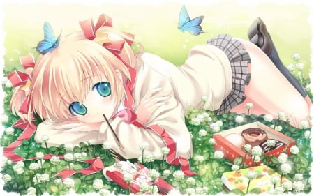 Children's day - butterfly, girl, picnic, anime, flowers, cute