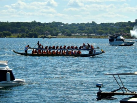 Barrie's Dragon boat races - boats, water, people, blue