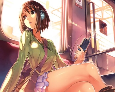 the train - train, hd, pretty, girl, headphones, hq, beautiful, anime