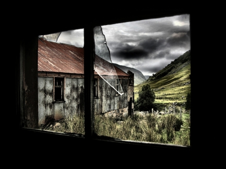 AFTER THE STORM - storm, clouds, shack, window, landscape, buildings, framed, outside, barn