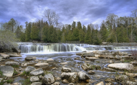 beautiful wide waterfall in a rocky river - river, falls, boardwalk, forest, rocks