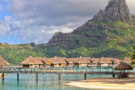 Bora Bora View - beach, paradise, water, bungalows, polynesia, view, bora bora, lagoon, sand, ocean, islands, tropical, exotic, island, villas, sea, tahiti