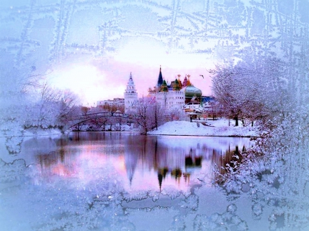 CASTLE THROUGH THE FROST - reflections, winter, water, blue, cool, ice, FROST, landscapes, lake, castle, building