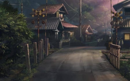 bridge - anime, houses, bridge, landscape