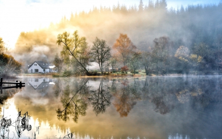 COUNTRY HOME ON THE LAKE - reflections, trees, water, beautiful, landscape, lovely, home, country house, painting, lake, mountains