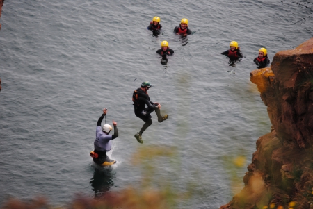 Cliff jumpers - cliff, sea, water, people