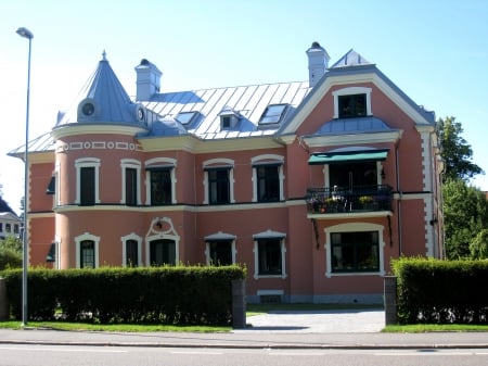 Big House - hedge, house, summer, windows, road, man, flowers, roof, green, balcony, color, sky