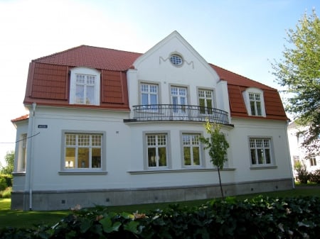 Big old house - sky, roof, balcony, windows, trees, summer, house, garden