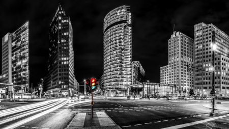 berlin at night in black and white - streets, traffic light, black and white, city, night