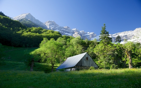 cabin on the slopes of beautiful mountain - trees, cabin, mountains, grass, slopes