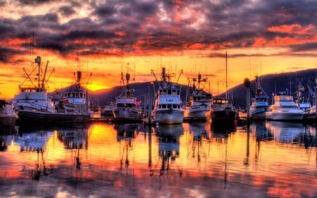 harbor marina under an amazing sunset hdr - boats, reflection, clouds, marina, harbor, hdr, sunset, docks