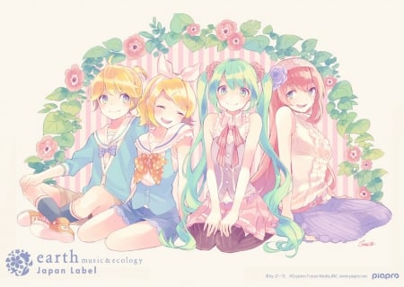 ~Music & Ecology~ - hatsune miku, vocaloid, megurine luka, rin and len kagamine, anime, colorful, friends, flowers