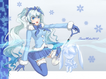 ~Yuki Miku~ - snowflakes, headphones, vocaloid, anime, long hair, bow, skirt, yuki miku, gloves, blue eyes