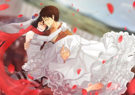 ~My Love~ - anime, wedding, romance, love, petals, wedding dress, flowers, eren jaeger, mikasa ackerman, couple, shingeki no kyojin