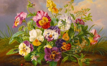 Charming Flowers - flowers, bee, paintings, beautiful, ladybug, butterfly, colors, charming