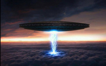 UFO - clouds, beam, aliens, ufo, extraterrestrial, wallpaper, fantasy