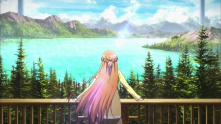 SAO: LakeScape - hot, view, sparks, yuuki, sexy, lake, scenic, landscape, mountain, long hair, glow, beautiful, sweet, nice, beauty, sky, female, water, sao, brown hair, lant, pretty, cloud, plant, yuuki asuna, anime, tree, cute, sword art online, scene, hill, girl, asuna, aime girl, lovely, hd, kawaii, scenery, asuna yuuki