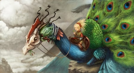 Peacock dragon - blue, feather, tail, fantasy, white, peacock, dragon, red, green, david revoy, art