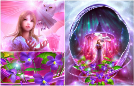 Wasurena Sumire - flower, purple, pink, bird, pansy, collage, owl, girl, blue, art, white, fantasy, shu, wasurena sumire, green