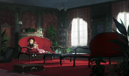 Lonely Room - anime, female, scenery, window, scene, light, gloomy, home, dark, curtain, gloom, sleeping, living room, house, rozen maiden, anime girl, sofa, hina ichigo, girl, scenic, chair, shinku, sleep