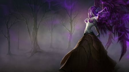 Morgana - game, bat, league of legends, girl, angel, forest, pink, tree, dark, morgana, black, fantasy, purple, woman, wings, feathers