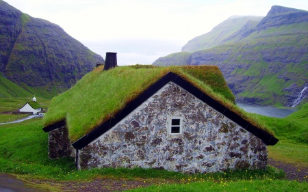 Sod Roof on a House from Faroe Island - stone, sod, faroe island, house