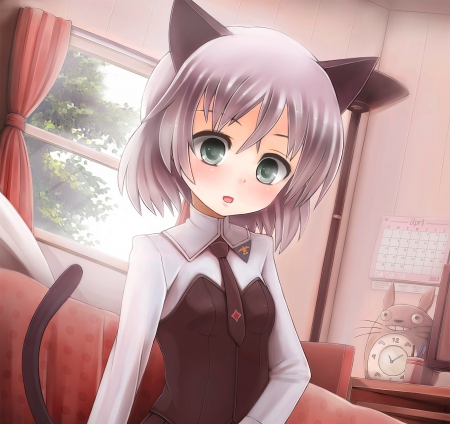 Neko Chan - pretty, anime, kawaii, female, ears, window, nekomimi, short hair, nice, house, neko, anime girl, beautiful, curtains, girl, beauty, lovely, sweet, neko mimi, cute, adorable