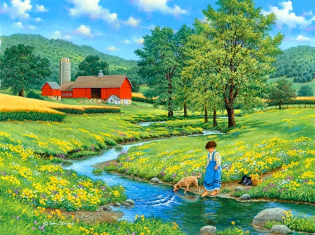 Cool waters - quiet, camness, creek, stream, grass, child, countryside, shore, barn, waters, nice, farm, art, cottage, sky, house, kid, trees, beautiful, lovely, cool, playing, village, river, nature, painting, serenity, peaceful