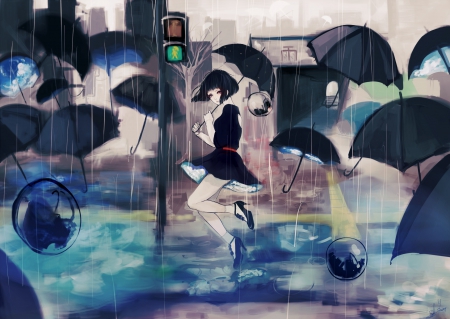 umbrella - anime, girl, umbrella, rain