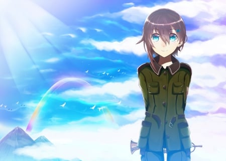 sorami kanata - sky, scenic, girl, landscape, sorami kanata, anime, uniform, sora no woto