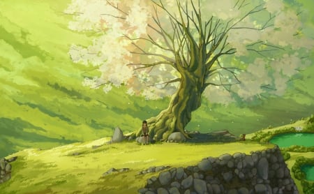 sample - girl, landscape, anime, tree, sample