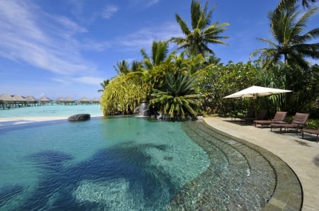 Beach Side Pool Bora Bora - ocean, beach, islands, swimming, paradise, tropical, exotic, polynesia, bora bora, island, lagoon, pool, sea, sand, tahiti