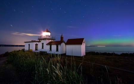 stars above a bright lighthous - stars, lighthouse, light, night, point