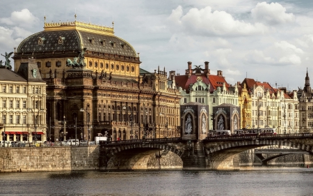 bridge to the national theater in prague - theater, river, city, architecture, old, bridge